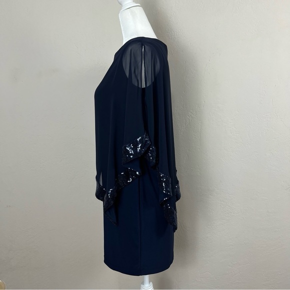 Xscape Blue Asymmetric Sheer Sequin Trim Overlay Sheath Dress Size 2 Petite - Picture 5 of 10